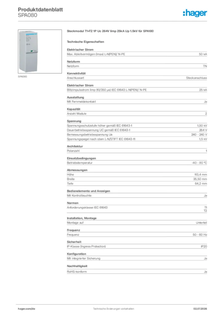 Bild Hager Produktdatenblatt SPA080 | Hager Deutschland