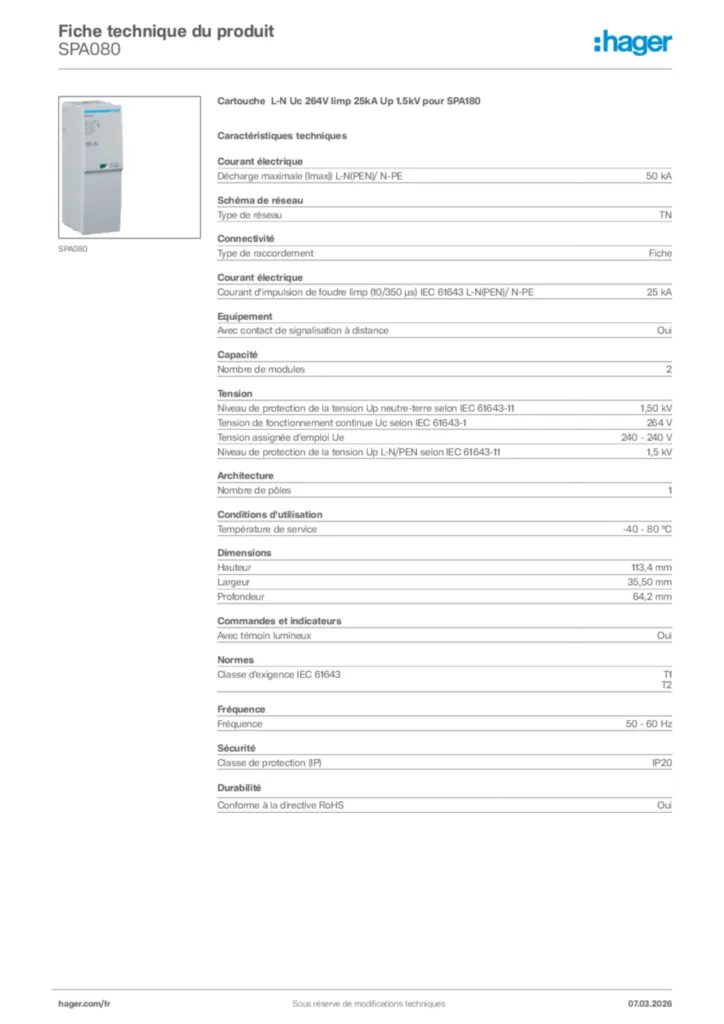 Image Hager Fiche technique du produit SPA080 | Hager France