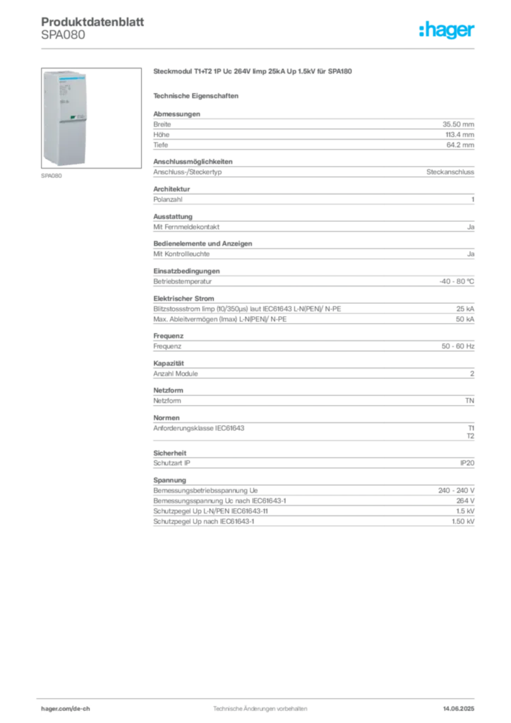 Bild Hager Produktdatenblatt SPA080 | Hager Schweiz