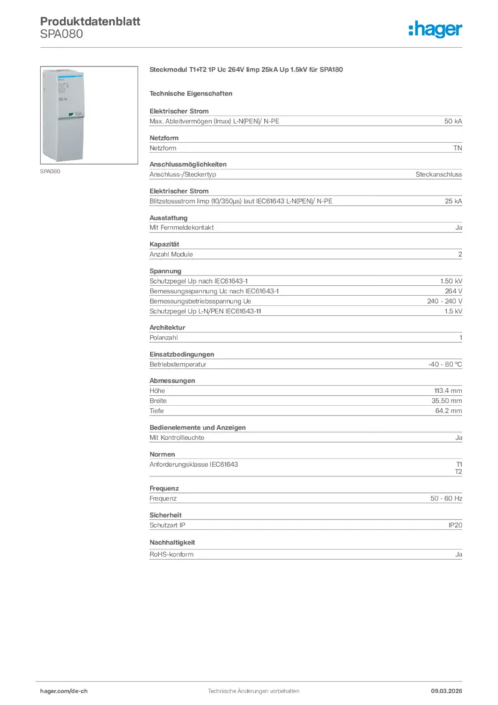 Bild Hager Produktdatenblatt SPA080 | Hager Schweiz