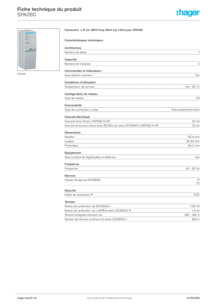Image Hager Fiche technique du produit SPA080 | Hager Suisse