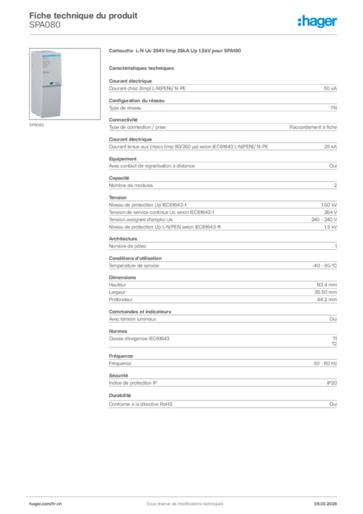 Image Hager Fiche technique du produit SPA080 | Hager Suisse