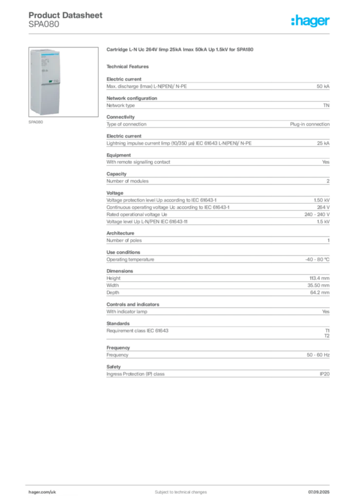 Image Hager Product data sheet SPA080  | Hager