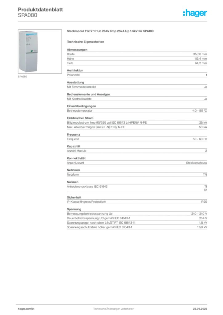 Bild Hager Produktdatenblatt SPA080 | Hager Deutschland