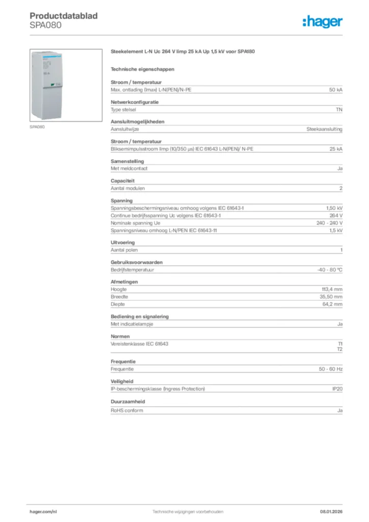 Afbeelding Hager Productdatablad SPA080 | Hager Nederland
