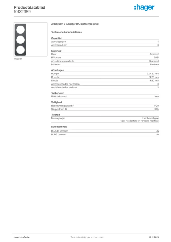 Afbeelding Hager Productdatablad 10132389 | Hager Belgium