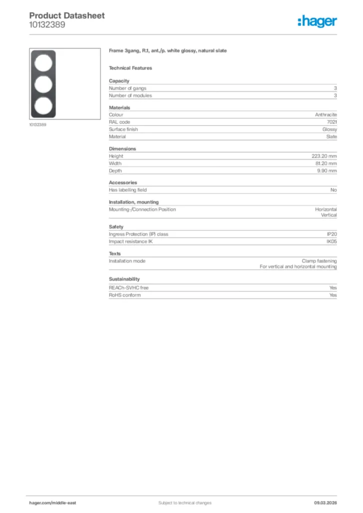 Image Hager Product data sheet 10132389  | Hager