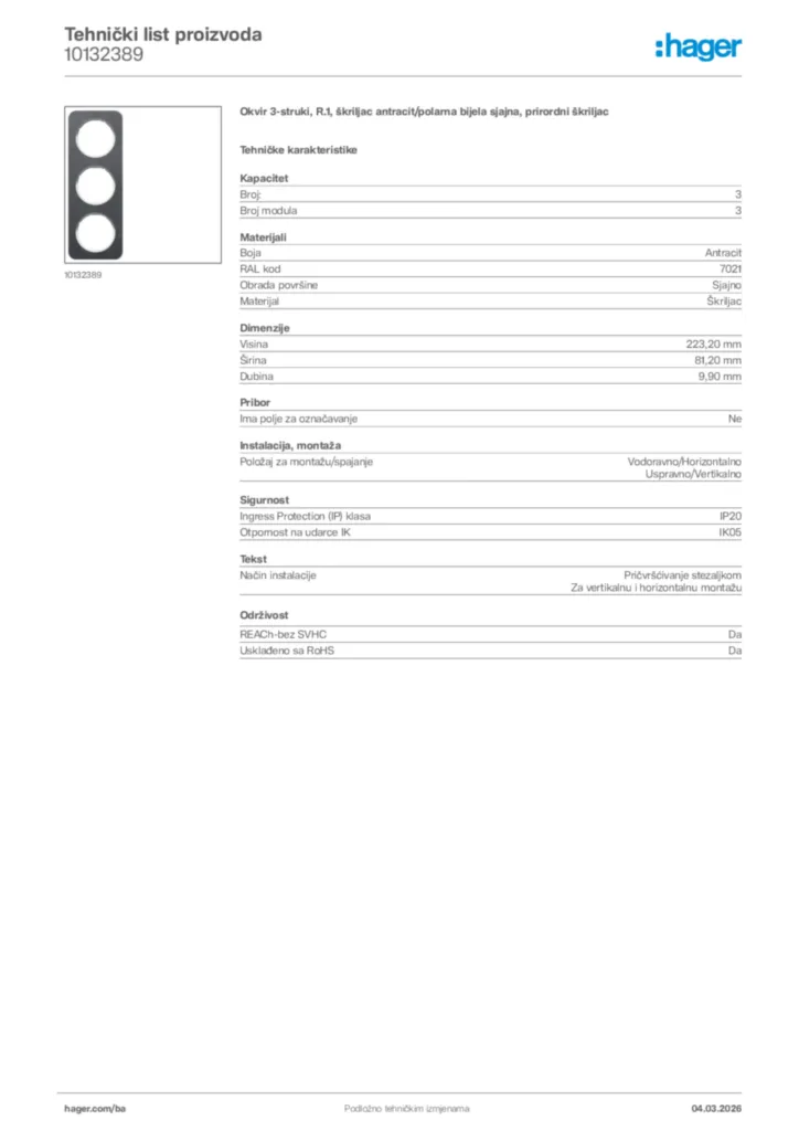 Slika Hager Tehnički list proizvoda 10132389  | Hager