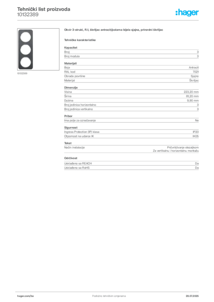Slika Hager Product data sheet 10132389  | Hager