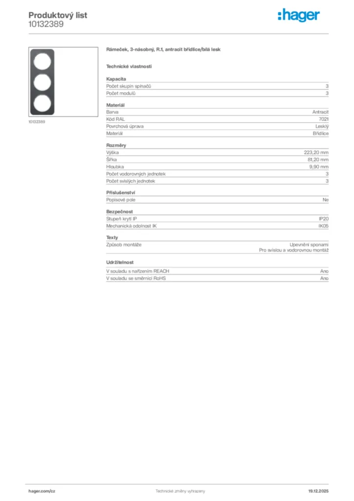 Obrázek Hager Produktový list 10132389 | Hager