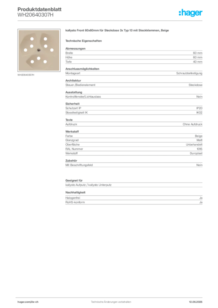 Bild Hager Produktdatenblatt WH20640307H | Hager Schweiz