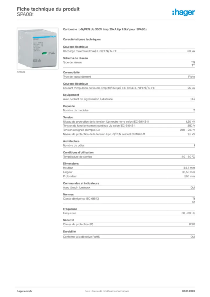 Image Hager Fiche technique du produit SPA081 | Hager France