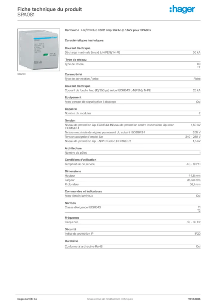 Image Hager Fiche technique du produit SPA081 | Hager Belgique