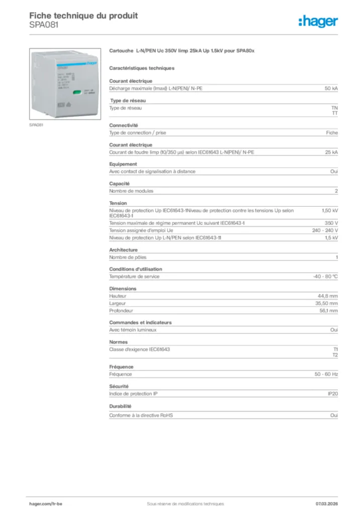 Image Hager Fiche technique du produit SPA081 | Hager Belgique