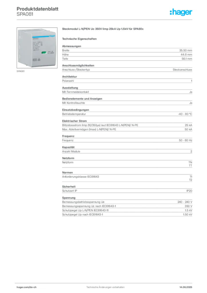 Bild Hager Produktdatenblatt SPA081 | Hager Schweiz