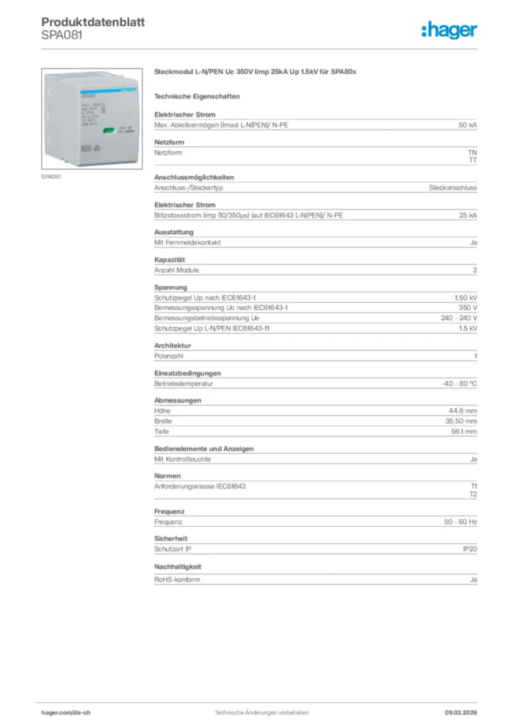Bild Hager Produktdatenblatt SPA081 | Hager Schweiz