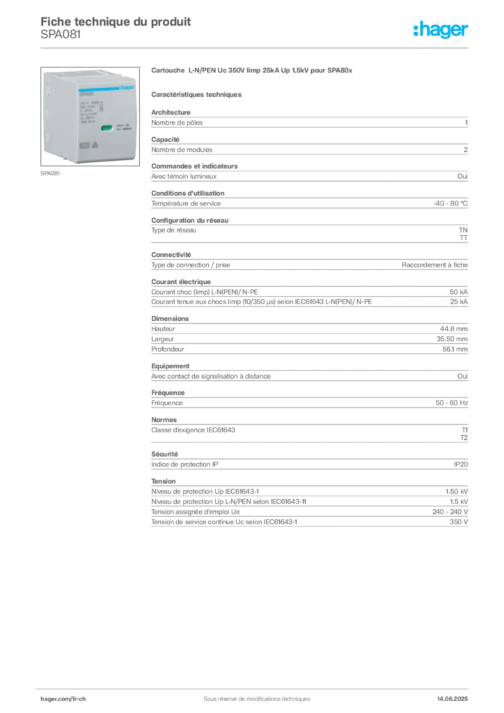 Image Hager Fiche technique du produit SPA081 | Hager Suisse