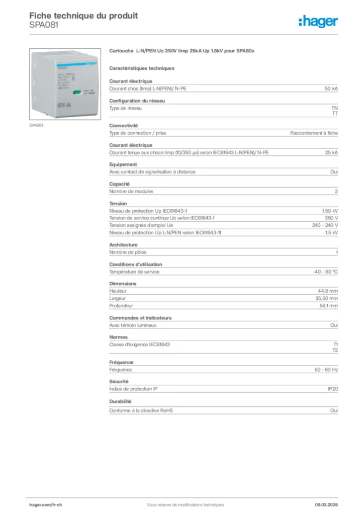 Image Hager Fiche technique du produit SPA081 | Hager Suisse