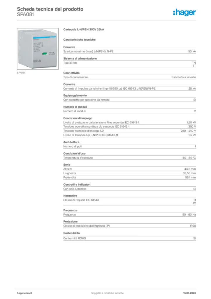 Immagine Hager Scheda tecnica del prodotto SPA081 | Hager Italia