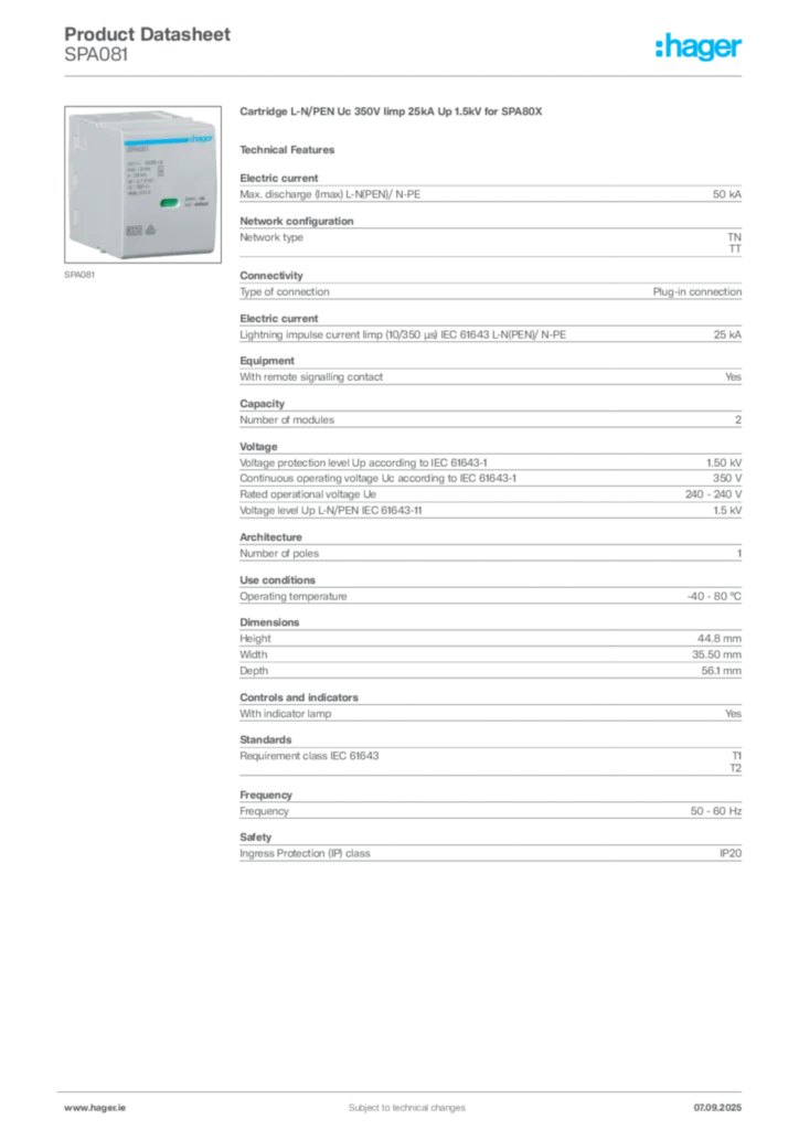 Image Hager Product data sheet SPA081  | Hager