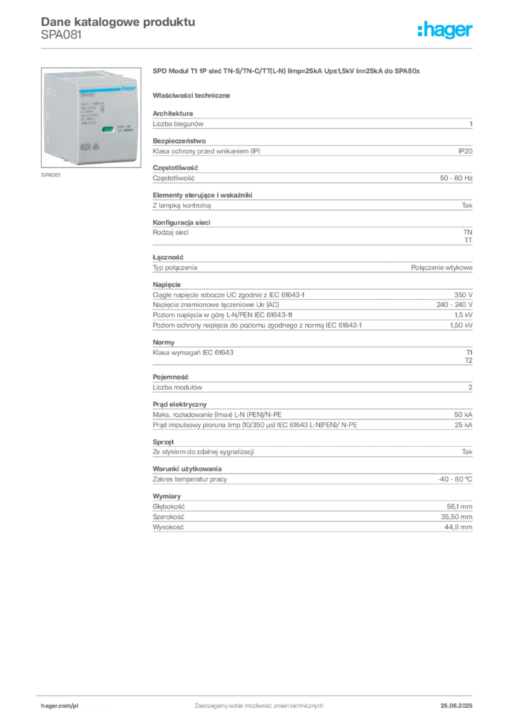 Zdjęcie Hager Karta katalogowa SPA081 | Hager Polska