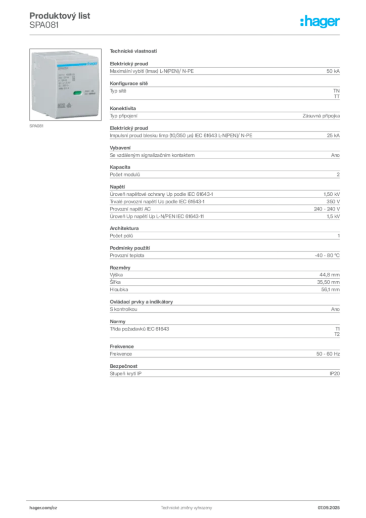Obrázek Hager Produktový list SPA081 | Hager