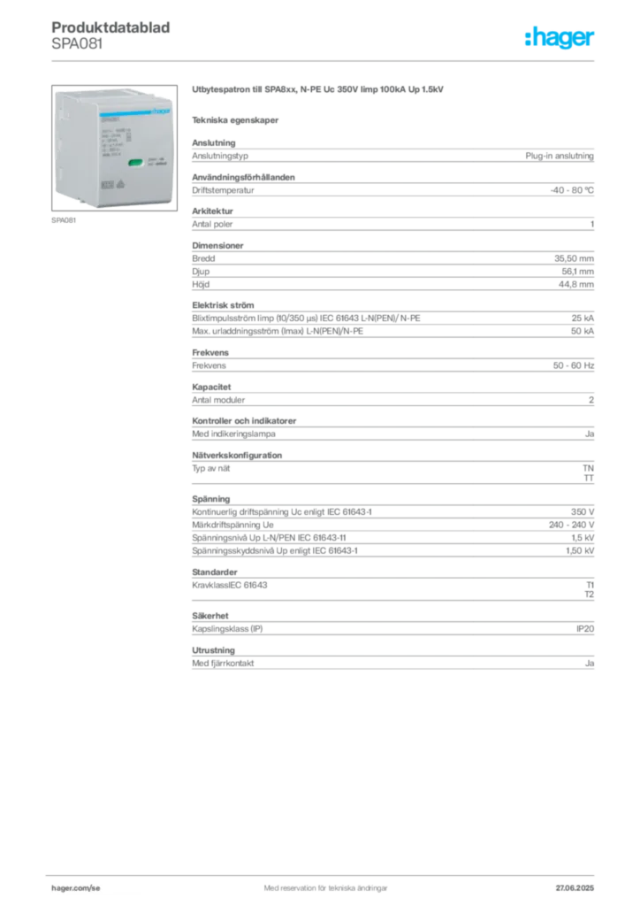 Bild Hager Produktdatablad SPA081 | Hager Sverige