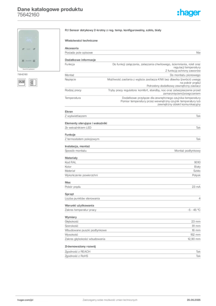 Zdjęcie Hager Karta katalogowa 75642160 | Hager Polska