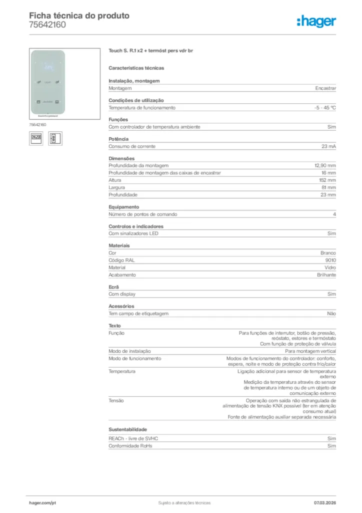 Imagem Hager Ficha técnica do produto 75642160 | Hager Portugal