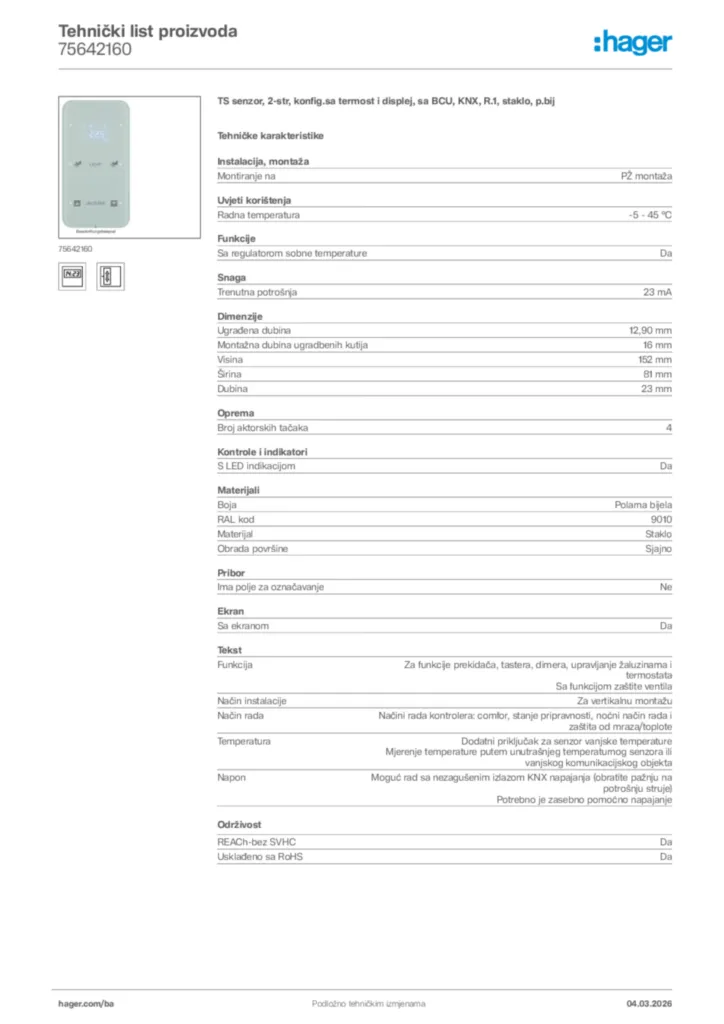 Slika Hager Tehnički list proizvoda 75642160  | Hager