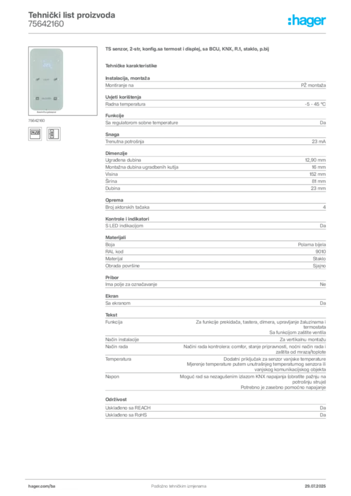 Slika Hager Product data sheet 75642160  | Hager