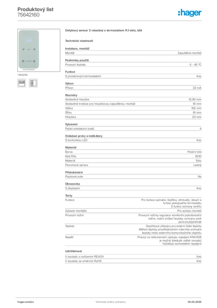 Obrázek Hager Product data sheet 75642160 | Hager