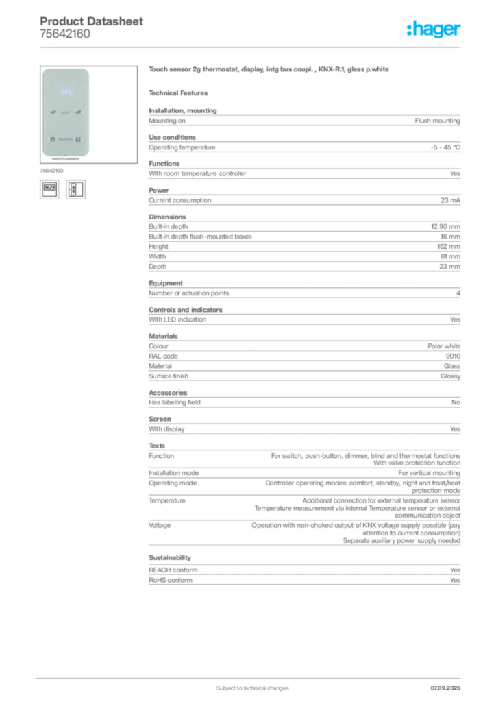 Image Hager Product data sheet 75642160  | Hager