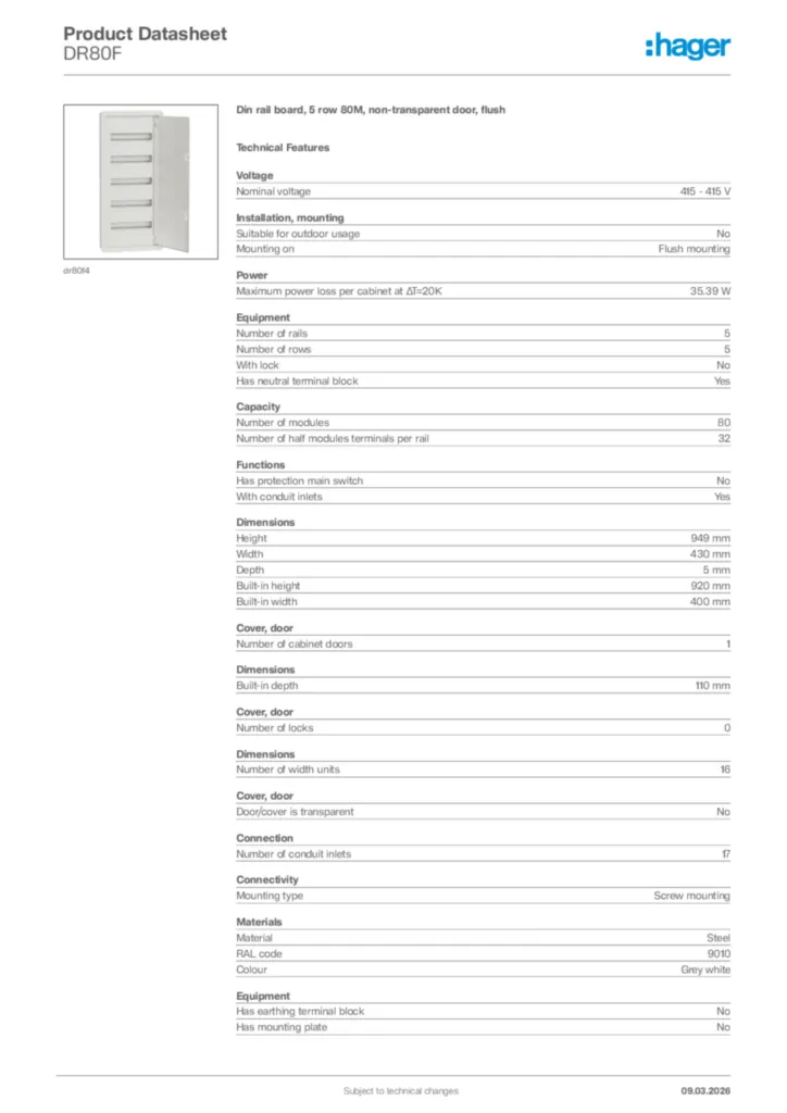 Image Hager Product data sheet DR80F  | Hager Africa