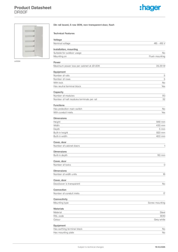 Image Hager Product data sheet DR80F  | Hager Africa