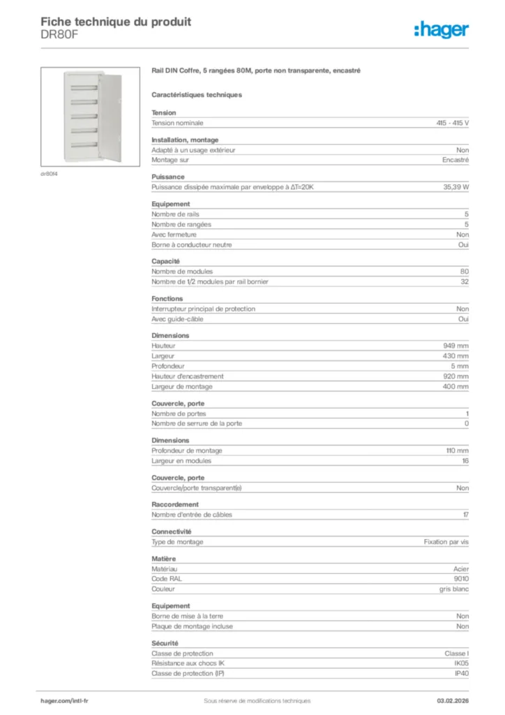 Image Hager Fiche technique du produit DR80F | Hager Afrique