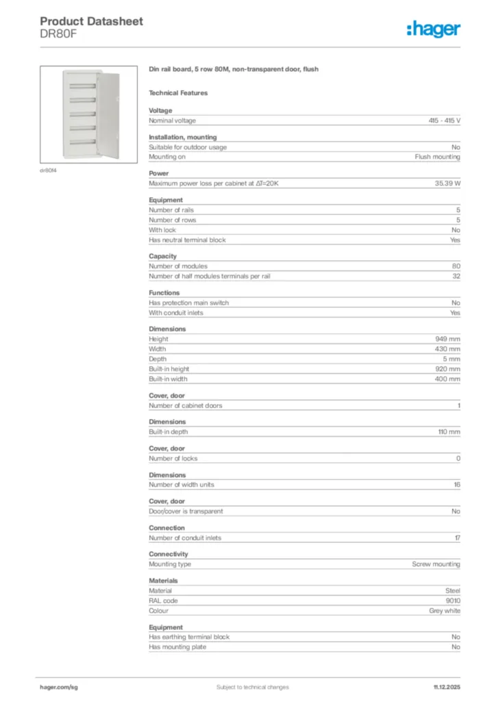 Image Hager Product data sheet DR80F  | Hager