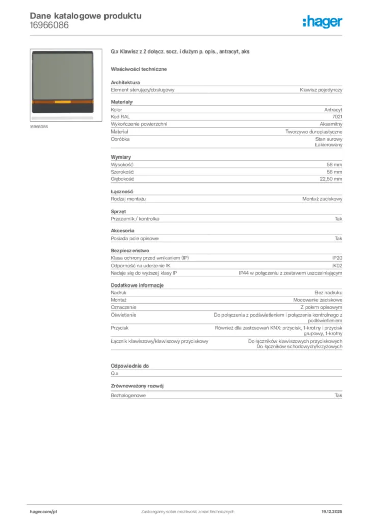 Zdjęcie Hager Karta katalogowa 16966086 | Hager Polska