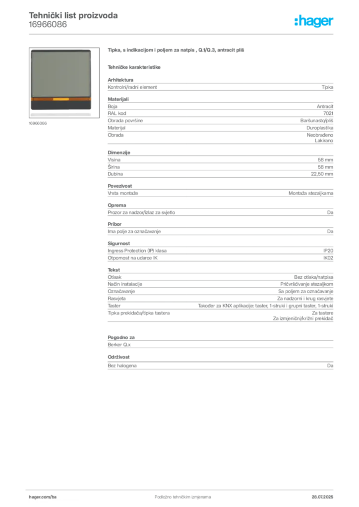 Slika Hager Product data sheet 16966086  | Hager