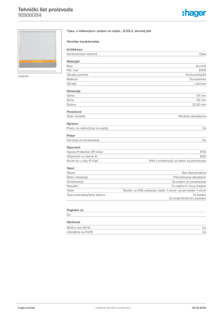 Slika Hager Tehnički list proizvoda 16966084  | Hager