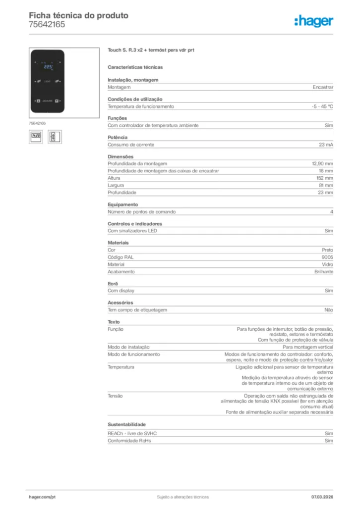 Imagem Hager Ficha técnica do produto 75642165 | Hager Portugal
