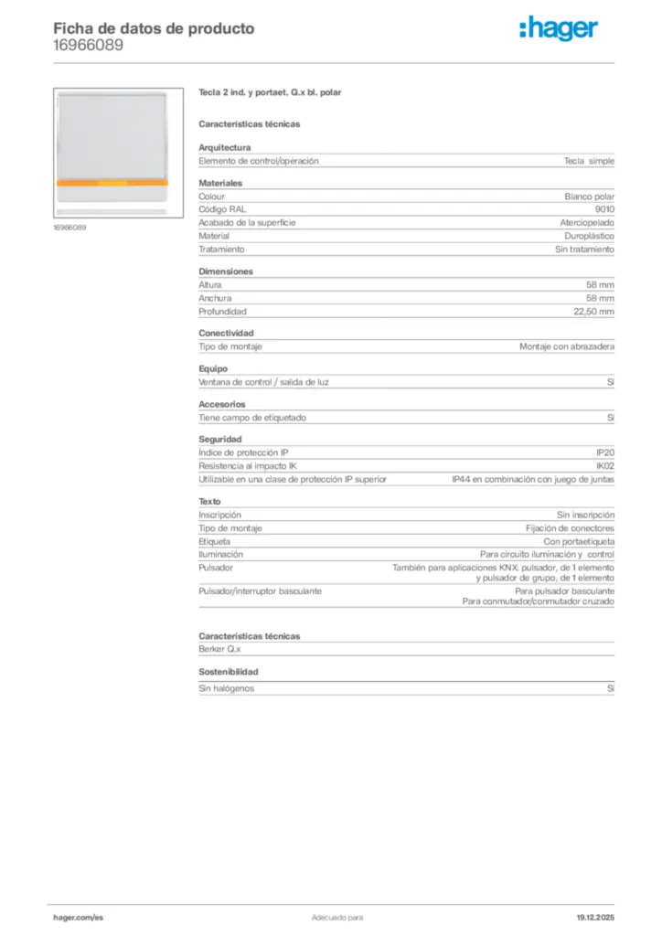 Imagen Hager Ficha de datos de producto 16966089 | Hager España