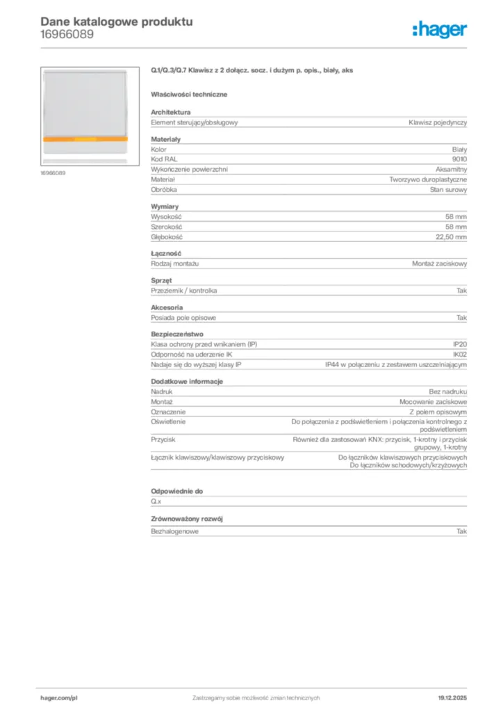 Zdjęcie Hager Karta katalogowa 16966089 | Hager Polska