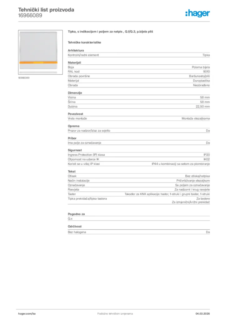 Slika Hager Tehnički list proizvoda 16966089  | Hager