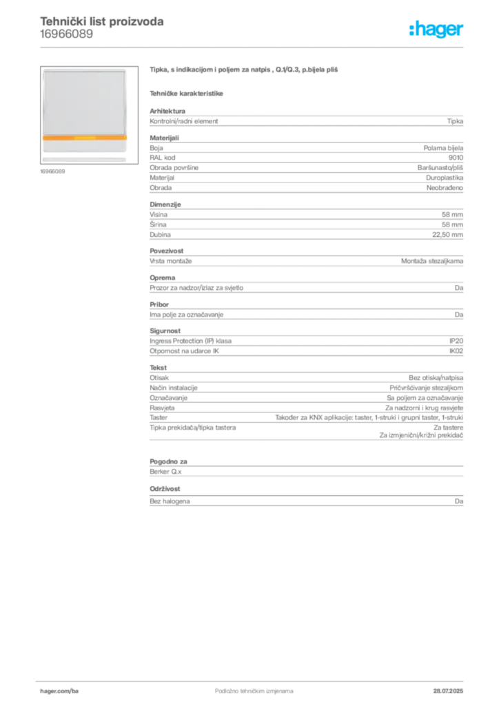 Slika Hager Product data sheet 16966089  | Hager