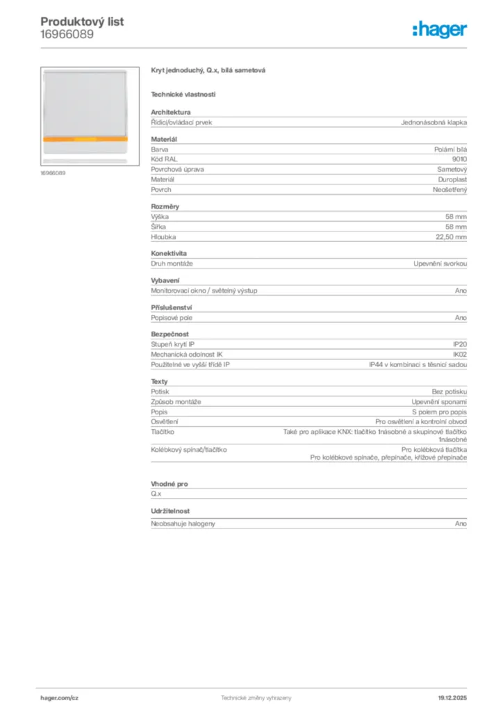 Obrázek Hager Produktový list 16966089 | Hager