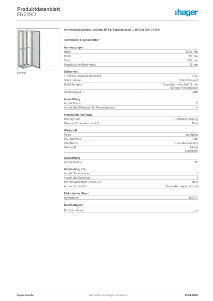 Bild Hager Produktdatenblatt FG22SD | Hager Deutschland