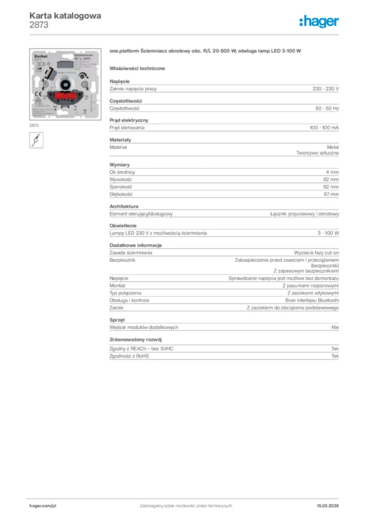 Zdjęcie Hager Karta katalogowa 2873 | Hager Polska