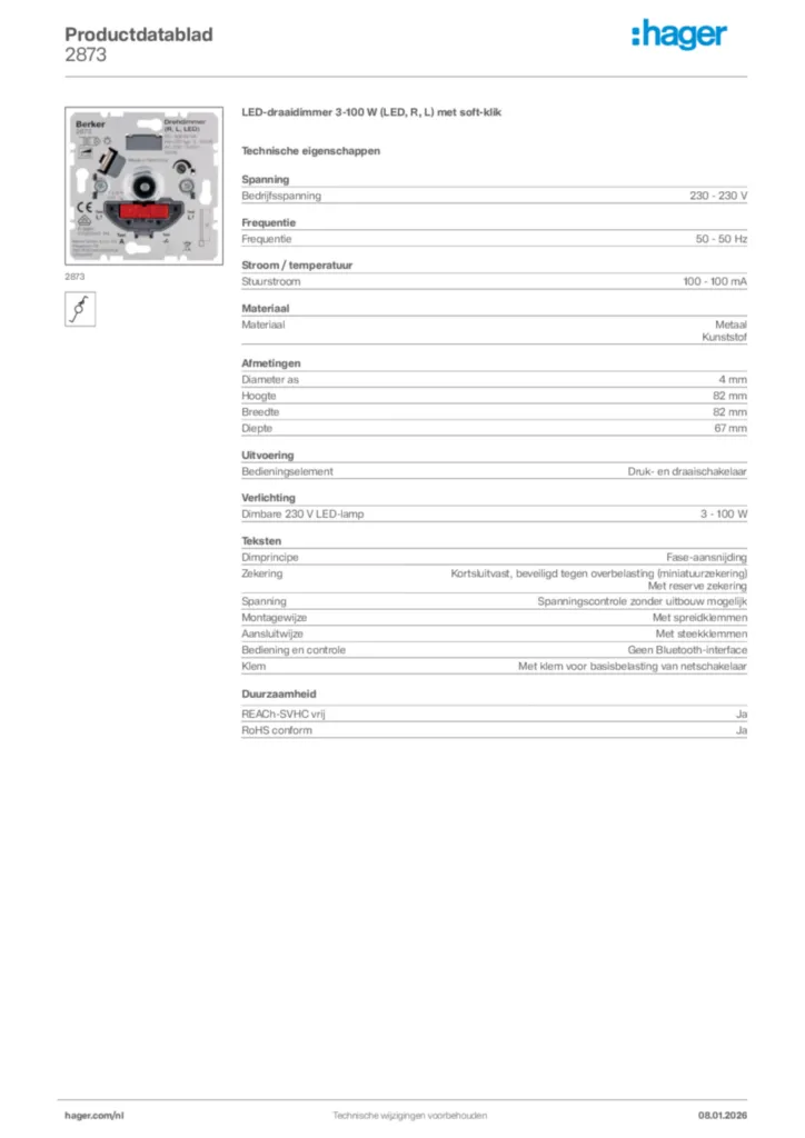 Afbeelding Hager Productdatablad 2873 | Hager Nederland