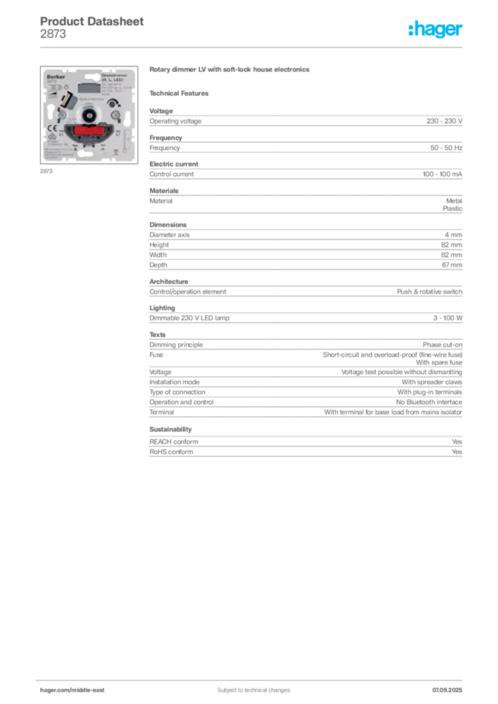 Image Hager Product data sheet 2873  | Hager